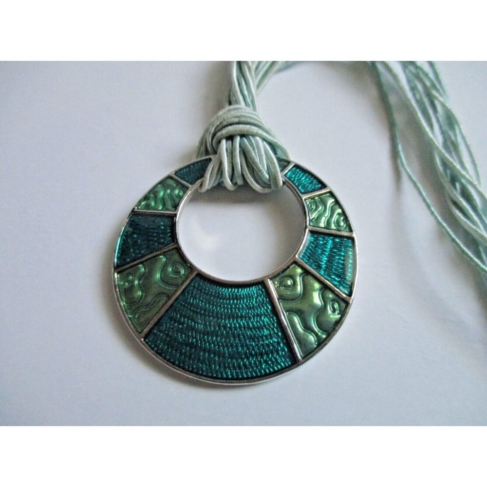 Stunning Lia Sophia Teal BOHO Twisted Cord Metal Disk Pendant 16" Necklace